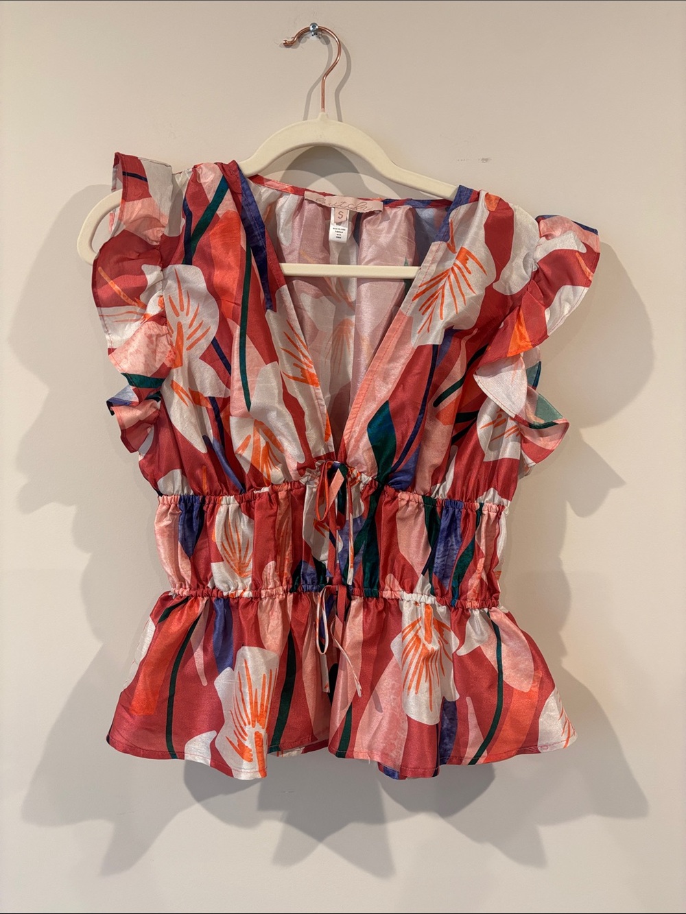 Hutch Red Multi Floral Tie-Front Ruffle Sleeve Top